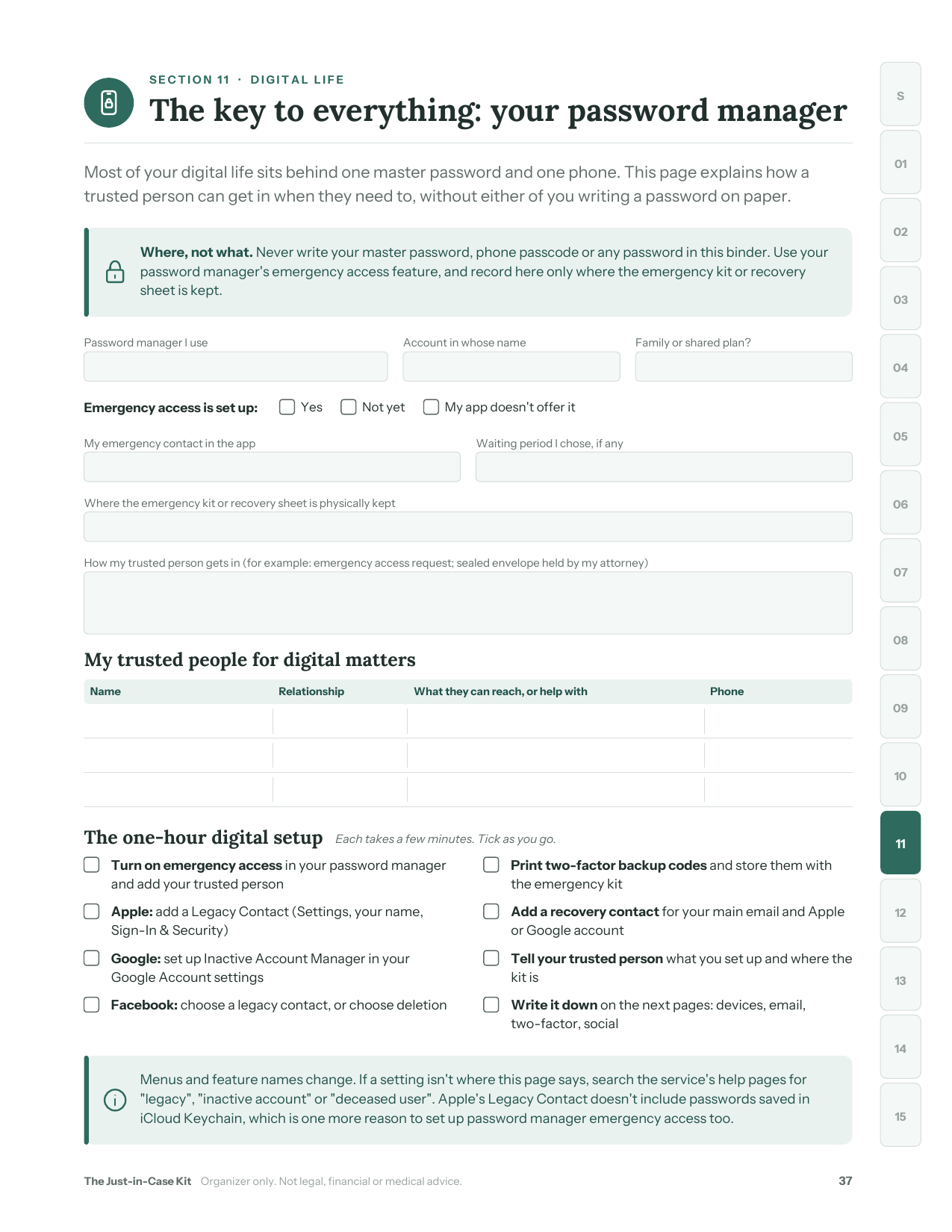 A page from the binder’s Digital life and passkeys tab