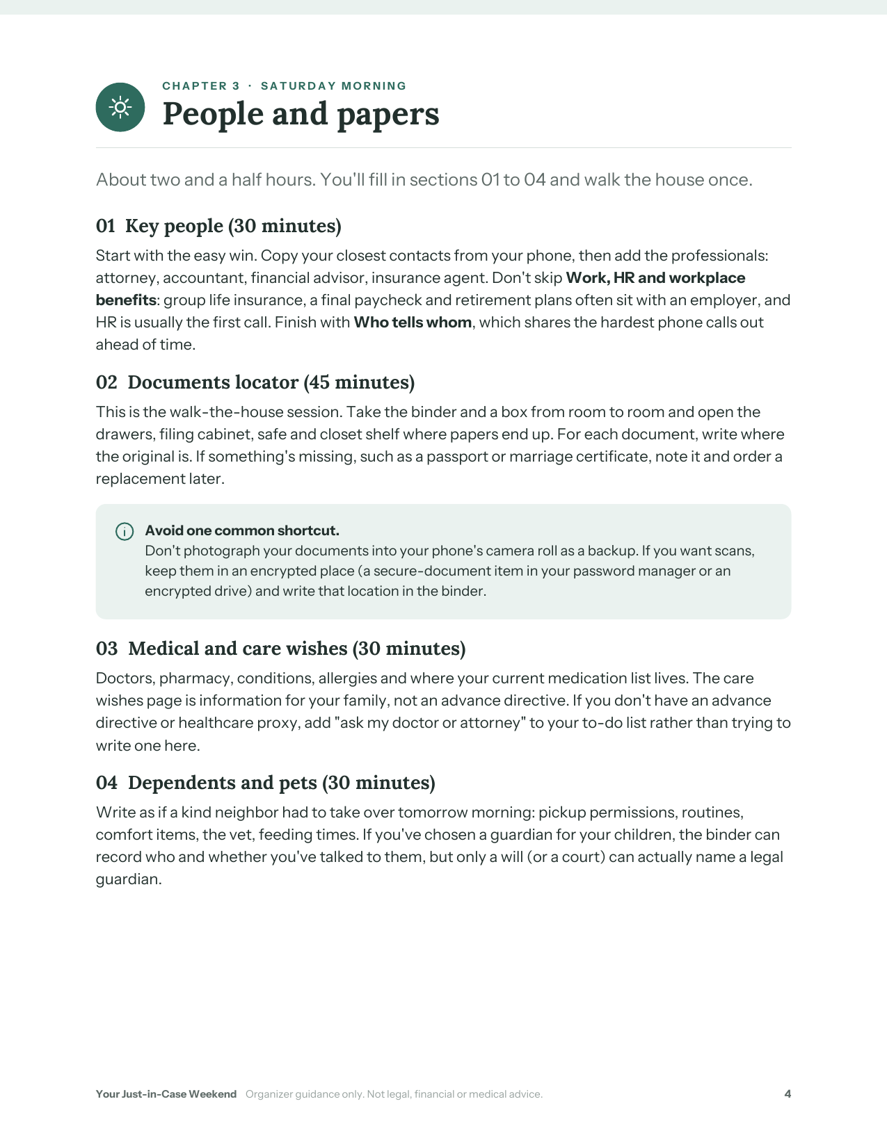 A page from the Your Just-in-Case Weekend guide